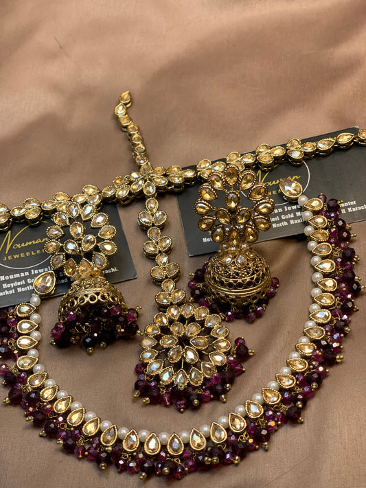 Burgundy & Antique Gold Kundan Bridal Jewellery Set