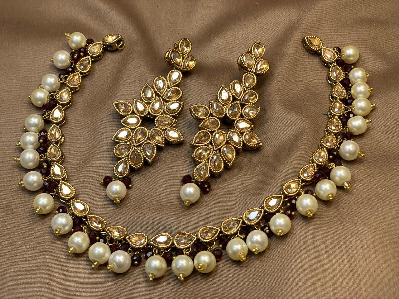 Champagne Kundan Pearl Beaded Necklace Set