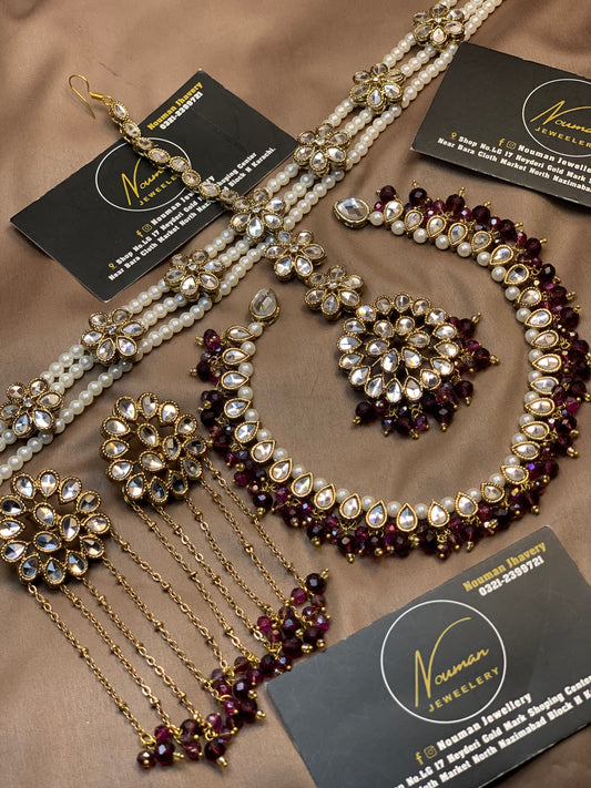 Royal Burgundy & Pearl Kundan Bridal Jewellery Set