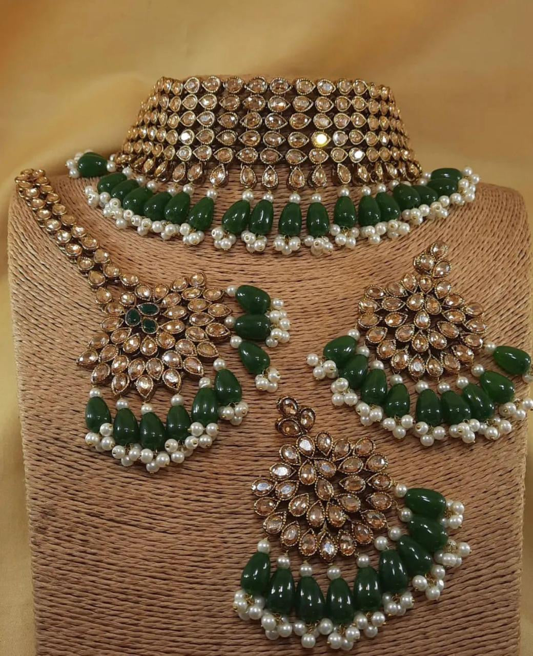 Gold Emerald Green Kundan Pearl Choker Set