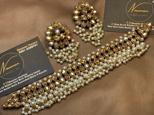 Champagne Kundan Gold Pearl Necklace Set