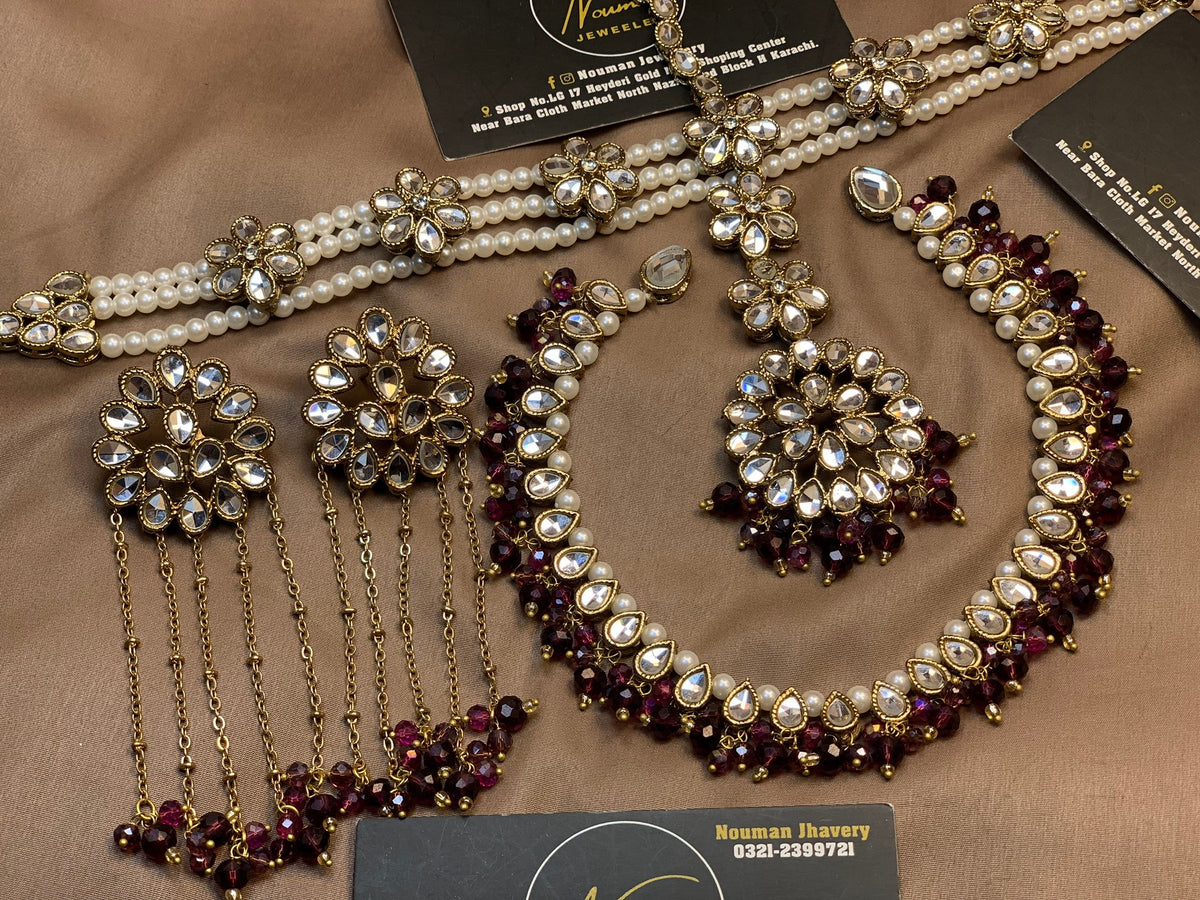 Royal Burgundy & Pearl Kundan Bridal Jewellery Set