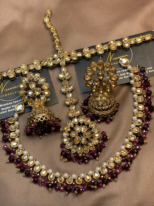 Burgundy & Antique Gold Kundan Bridal Jewellery Set