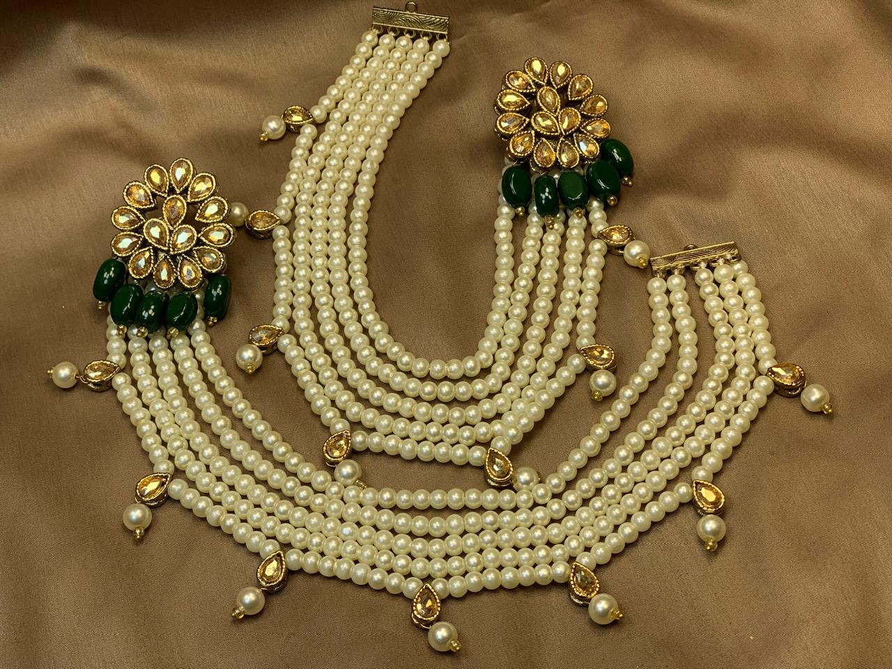 Emerald Champagne Kundan Pearl Sahare Party Wear Earrings