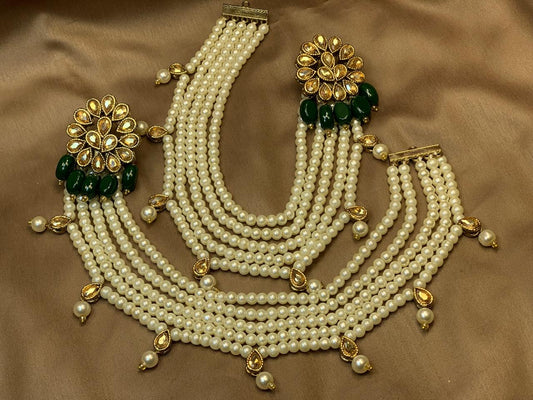 Emerald Champagne Kundan Pearl Sahare Party Wear Earrings