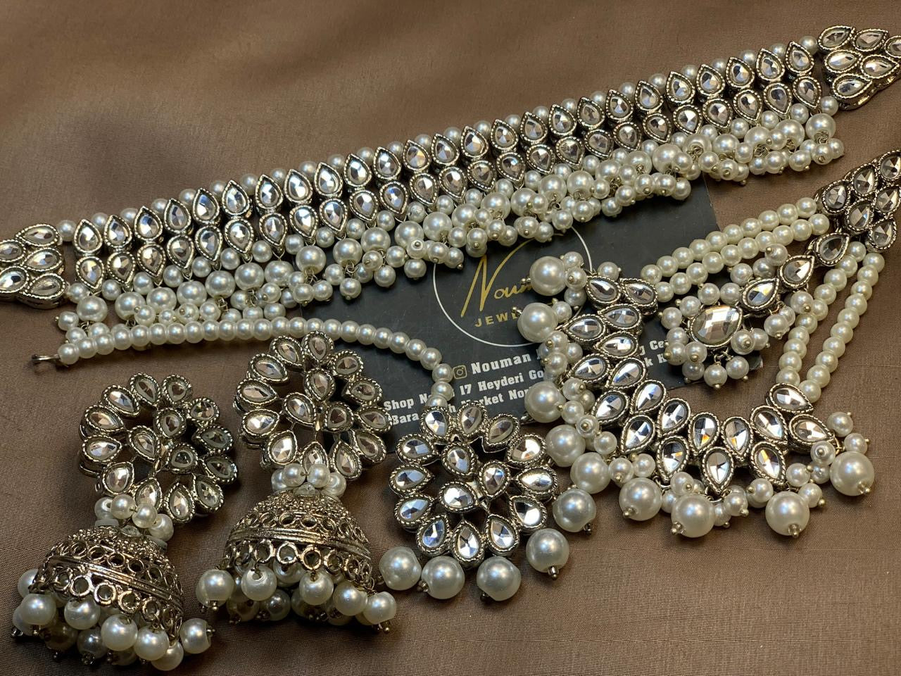 Kundan Silver Pearl Statement  Bridal Choker Set