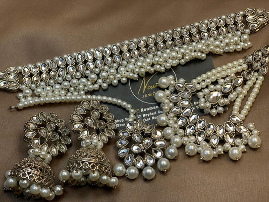Kundan Silver Pearl Statement  Bridal Choker Set