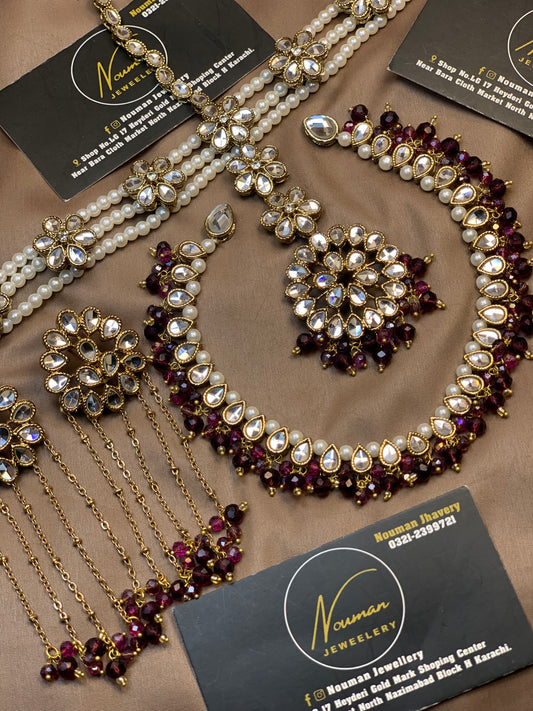 Royal Burgundy & Pearl Kundan Bridal Jewellery Set