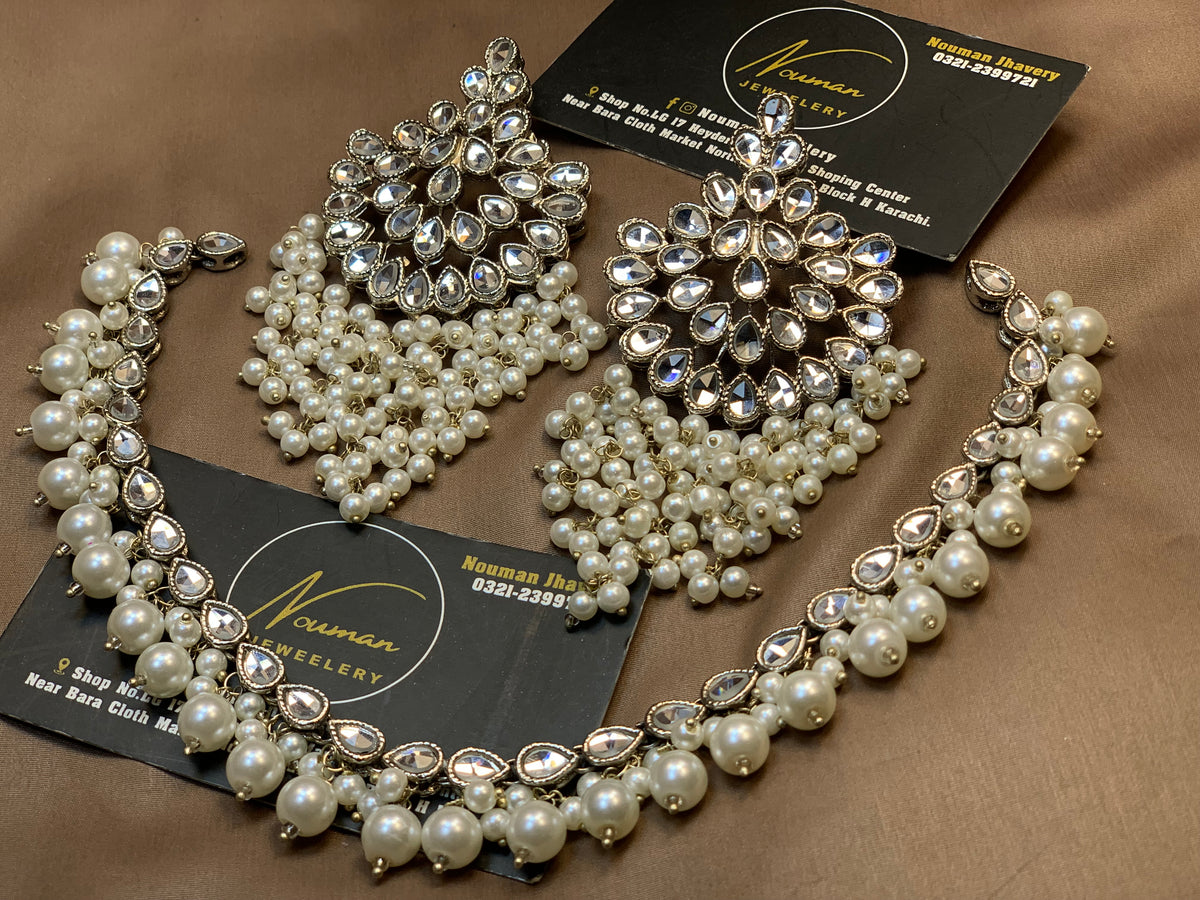 Silver Kundan Pearl Statement Jewellery Set