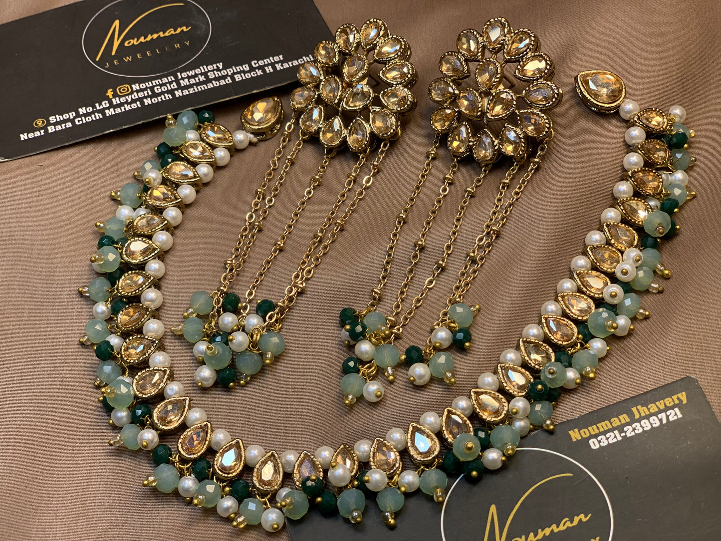 Exquisite Kundun Emerald Mint Jewellery Necklace Earrings Set
