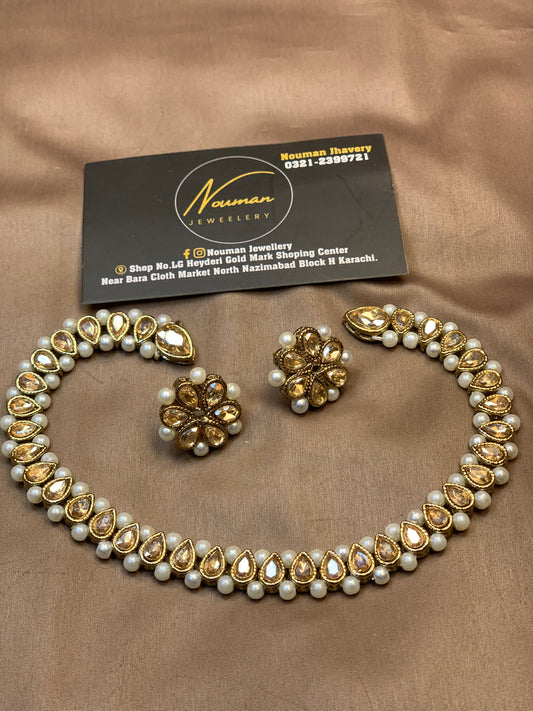 Champagne Gold Kundan Pearl Necklace Set