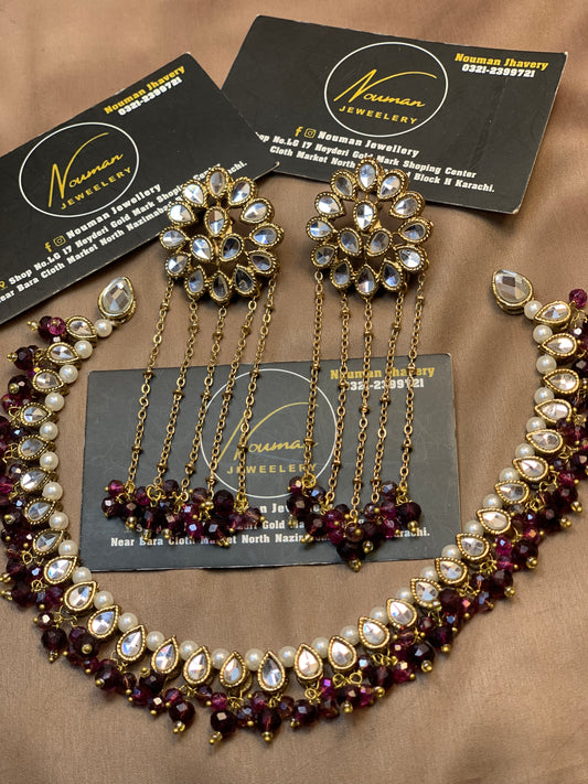 Royal Burgundy & Pearl Kundan Bridal Jewellery Set