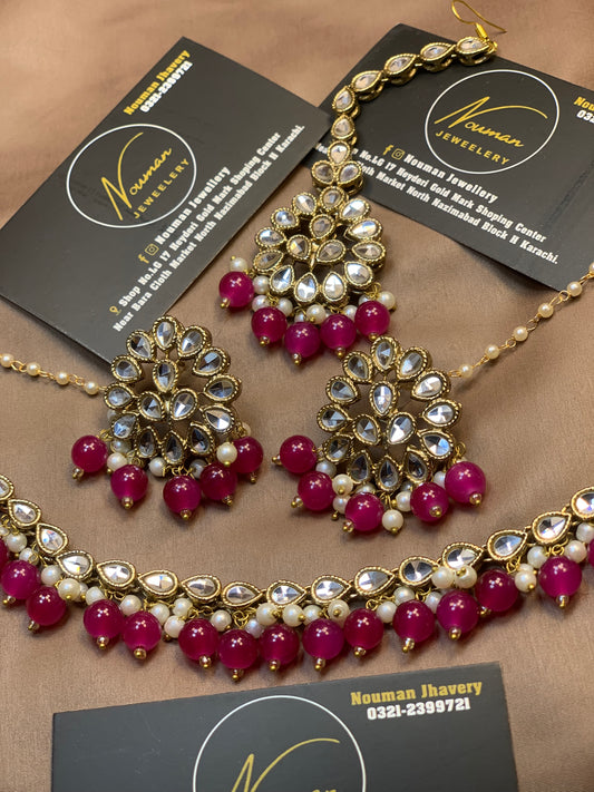 Shocking Dark Magenta Kundan Pearl Statement Jewellery Set