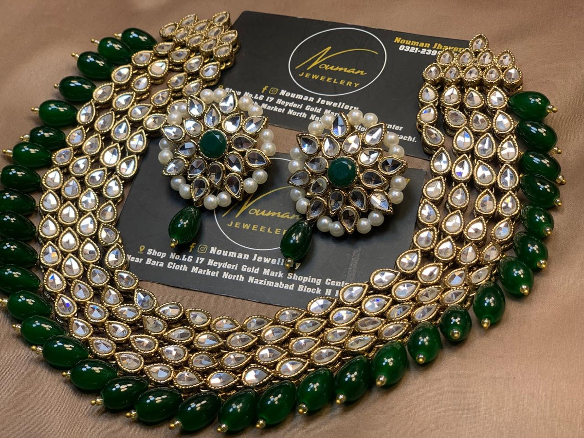 4-Layer Emerald Green Kundan Statement Necklace Set