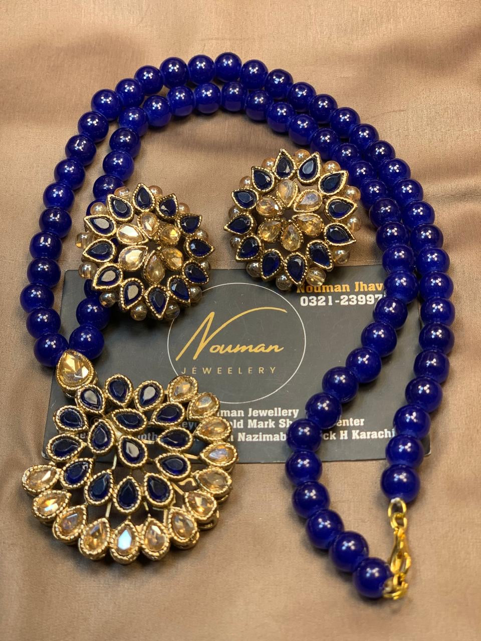 Royal Blue Beads Kundan Long Pendant Set