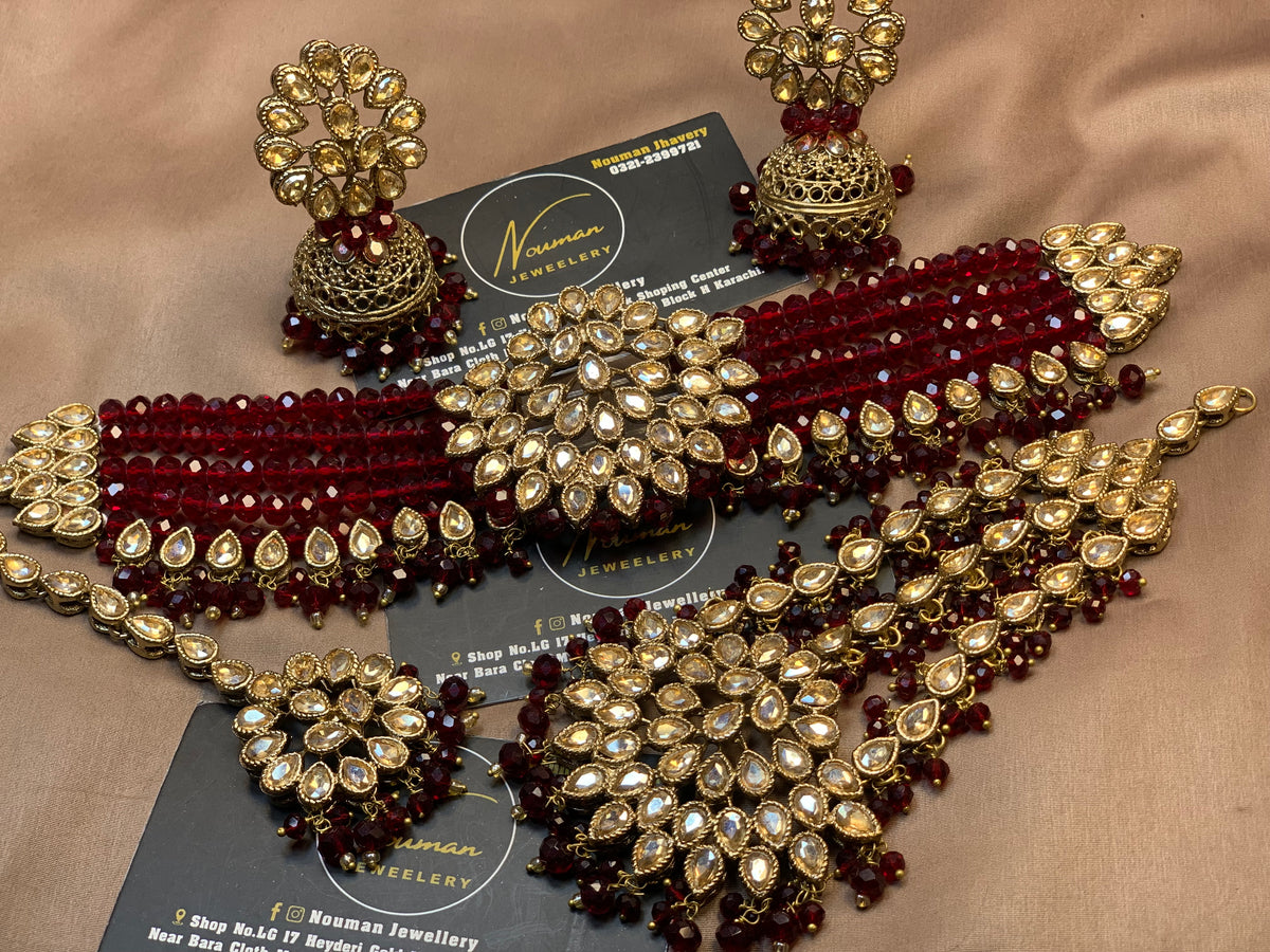 Premium Maroon Kundan Bridal Jewellery Set