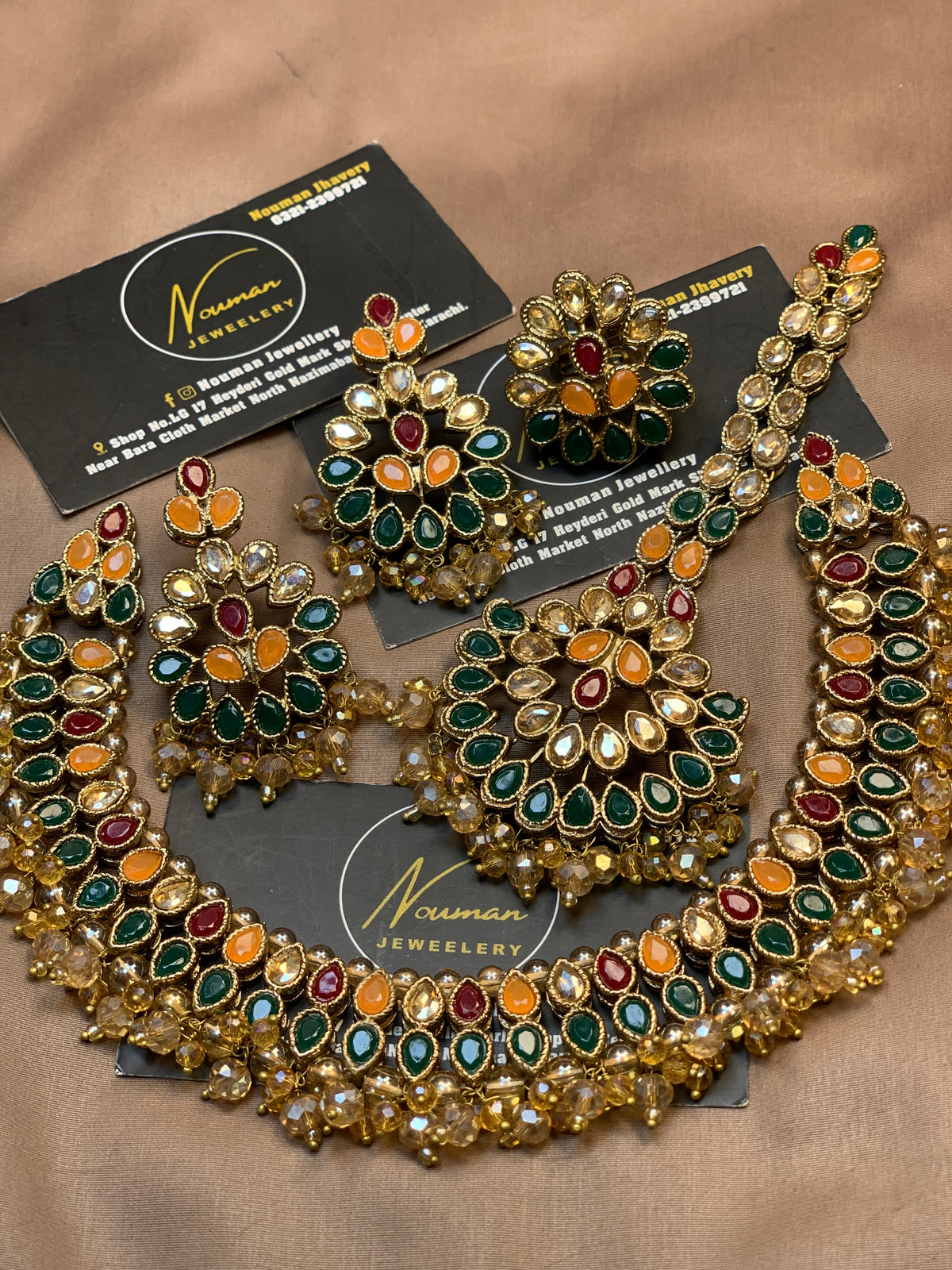 Kundun Multi Beads Necklaces Earrings Big Tikka Rings Set.