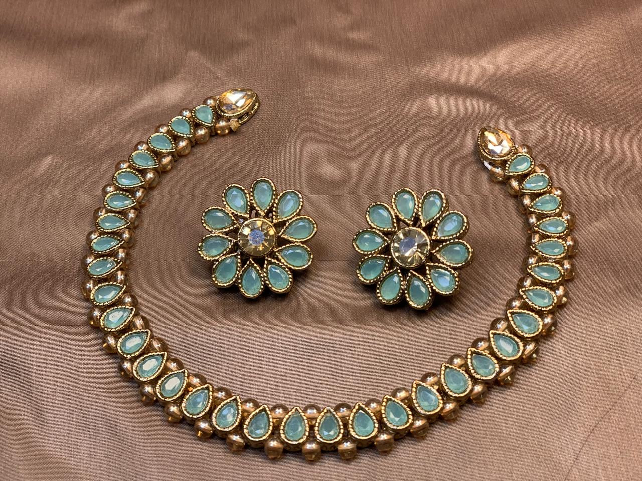 Mint Green Kundan Party Wear Necklace Set