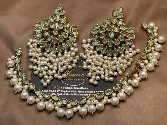 Exquisite mint Green Pearls Stylish Necklace Jewellery Sets.