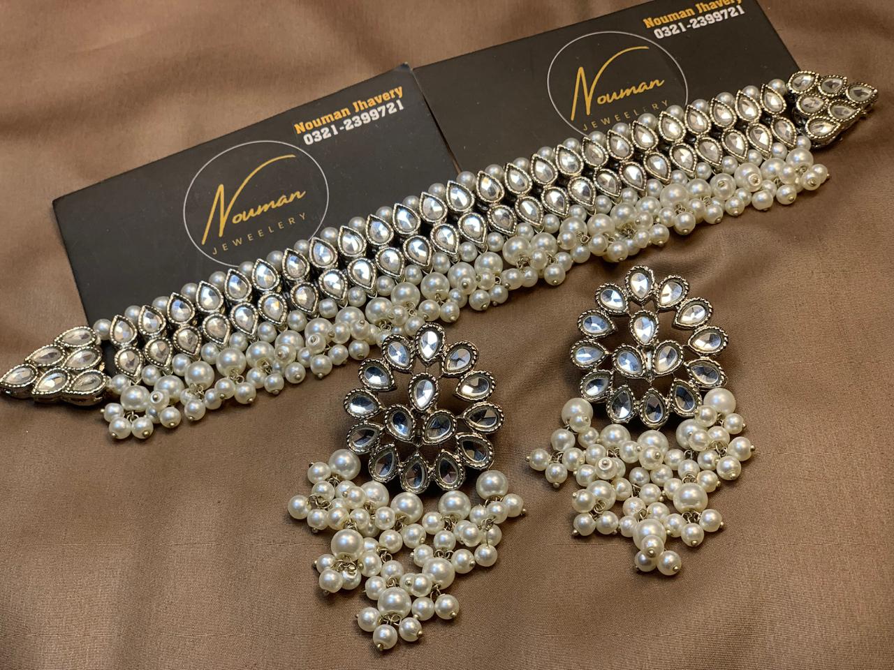 💫Kundan Silver Pearl Statement Choker Set💫