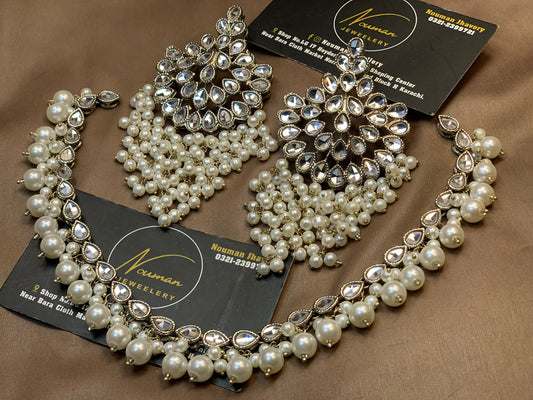 Silver Kundan Pearl Statement Jewellery Set