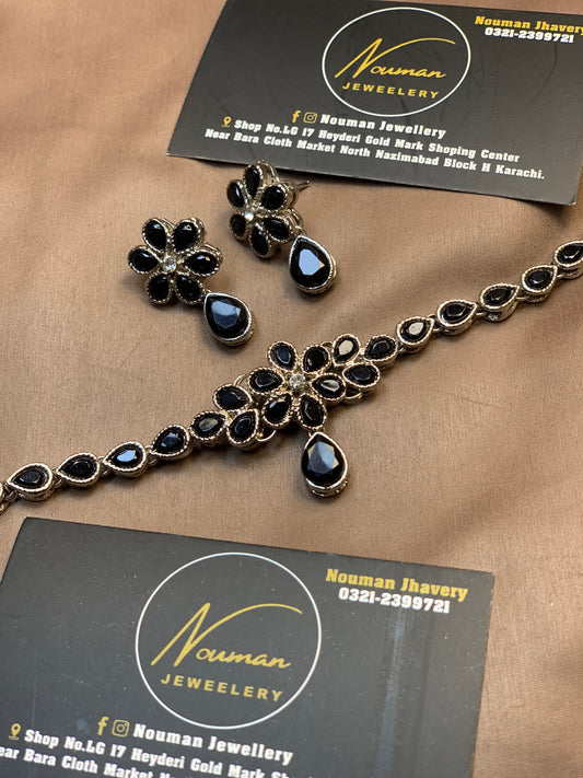 Royal black Floral Stone Jewellery Set