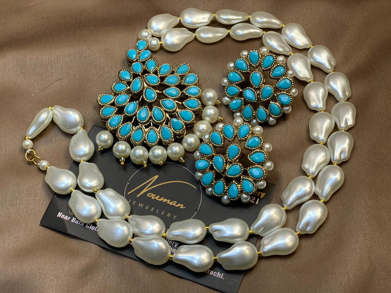 Turquoise Kundan Pearl Beads Long Set