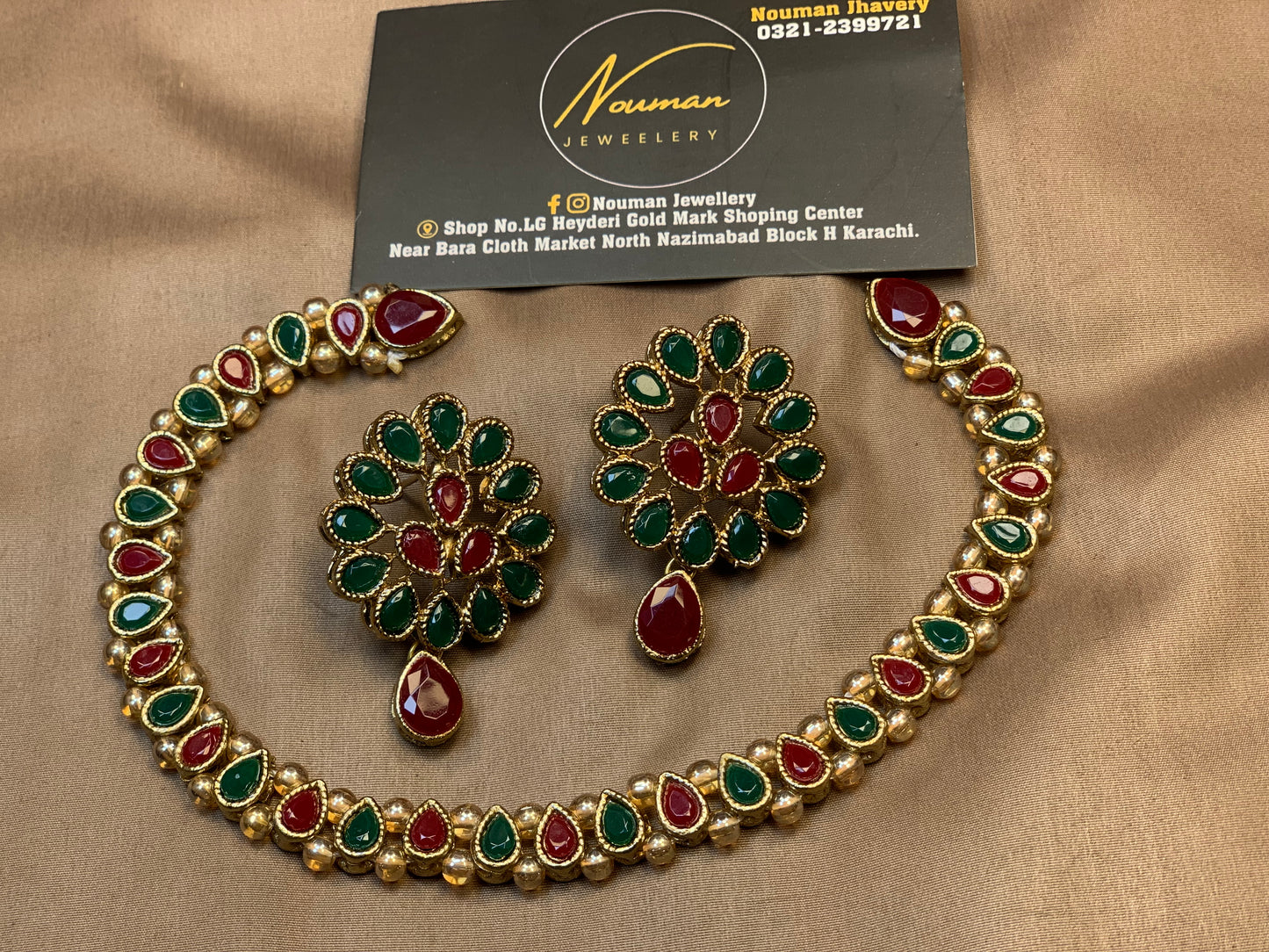 Kundan Pearl Necklace Set Maroon Green