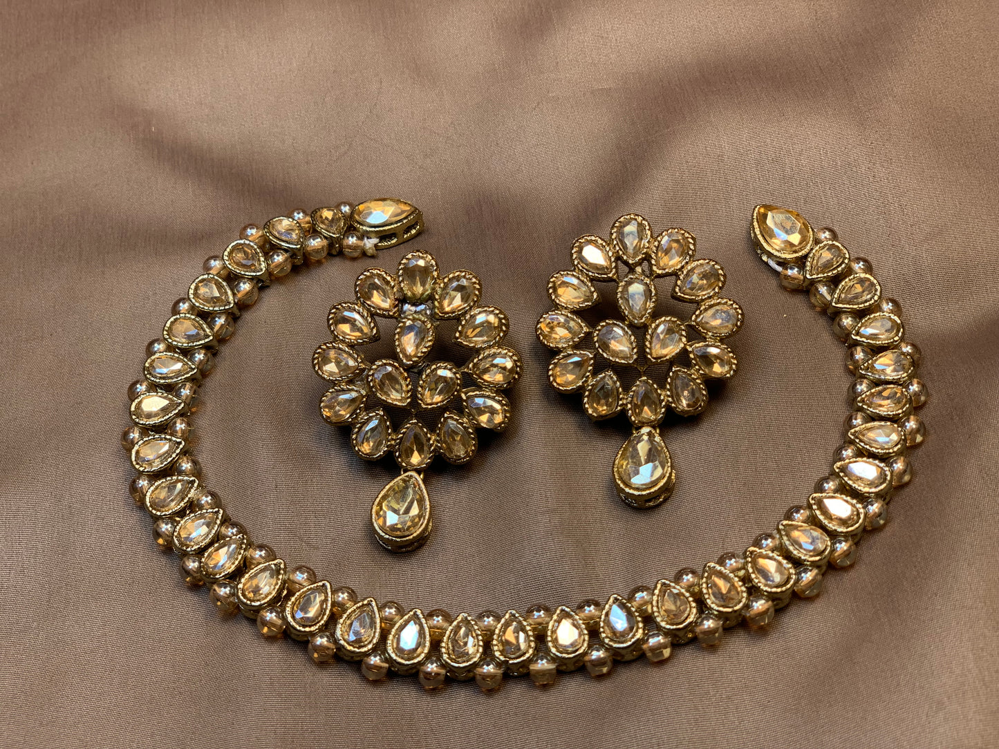 Champagne Gold Kundan Pearl Necklace Set