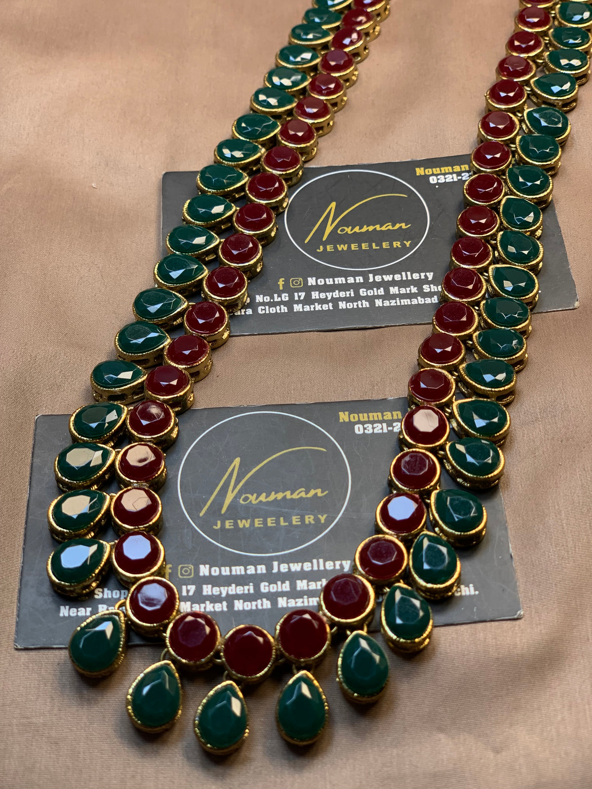 Deep Maroon Green Kundan Long Mala – Antique Gold Plated