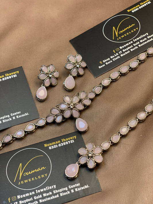 Elegant Royal Soft Pink Floral Stone Jewellery Set,
