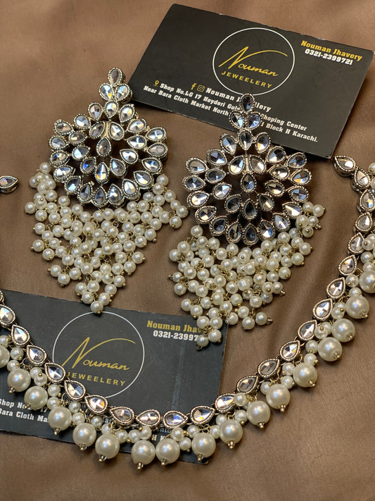 Silver Kundan Pearl Statement Jewellery Set