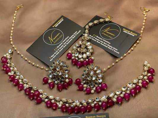 Shocking Dark Magenta Kundan Pearl Statement Jewellery Set