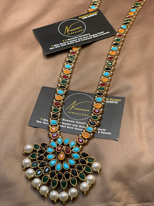 Multi Kundun Long Mala Pandant With Pearls