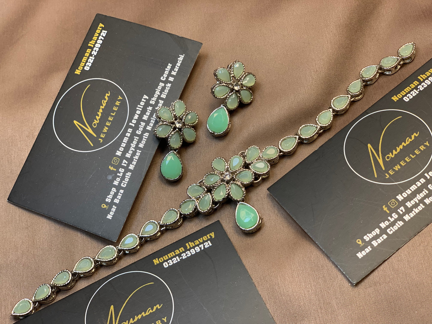 Elegant Royal Soft Mint Floral Stone Jewellery Set,