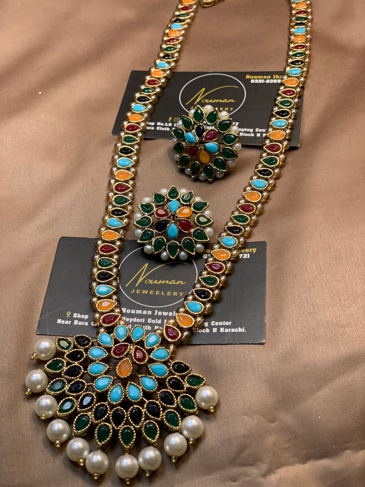 Multicolor Kundan Pearl Long Maala Set with Pendant.