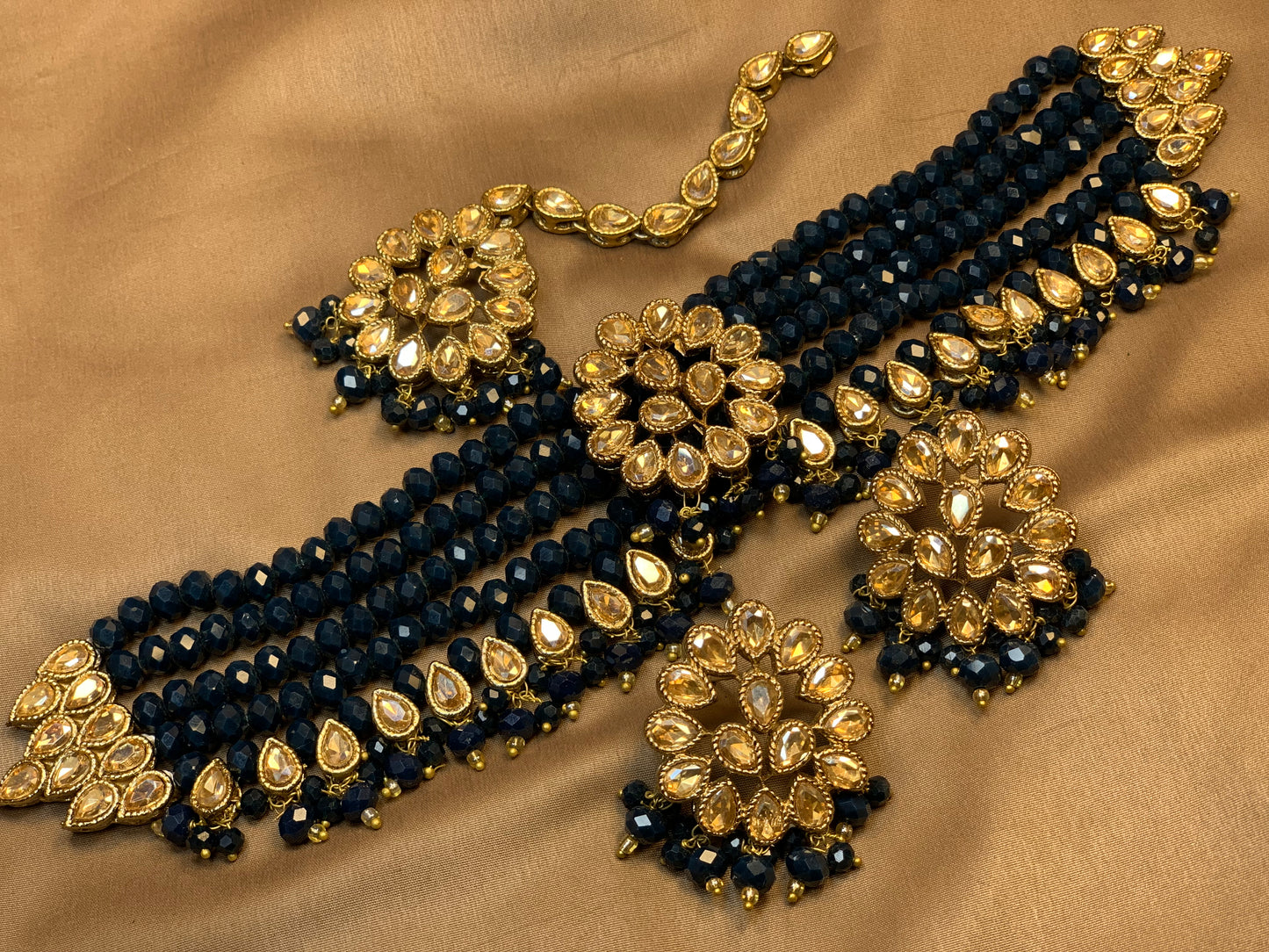 Exquisite Zircon Dark Solid Navy  Aqua Blue Color Gorgeous Style Choker Necklace Set