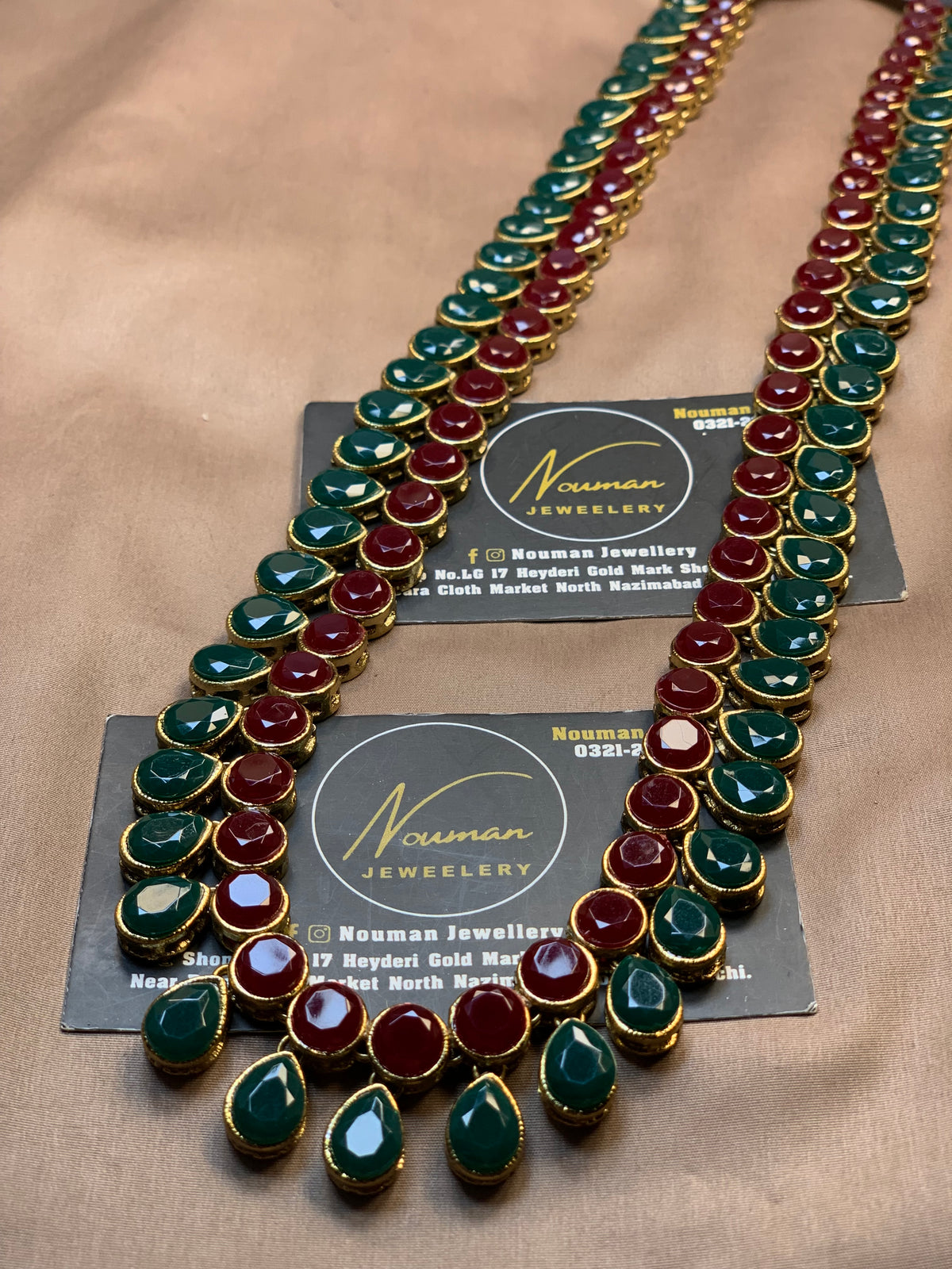 Deep Maroon Green Kundan Long Mala – Antique Gold Plated