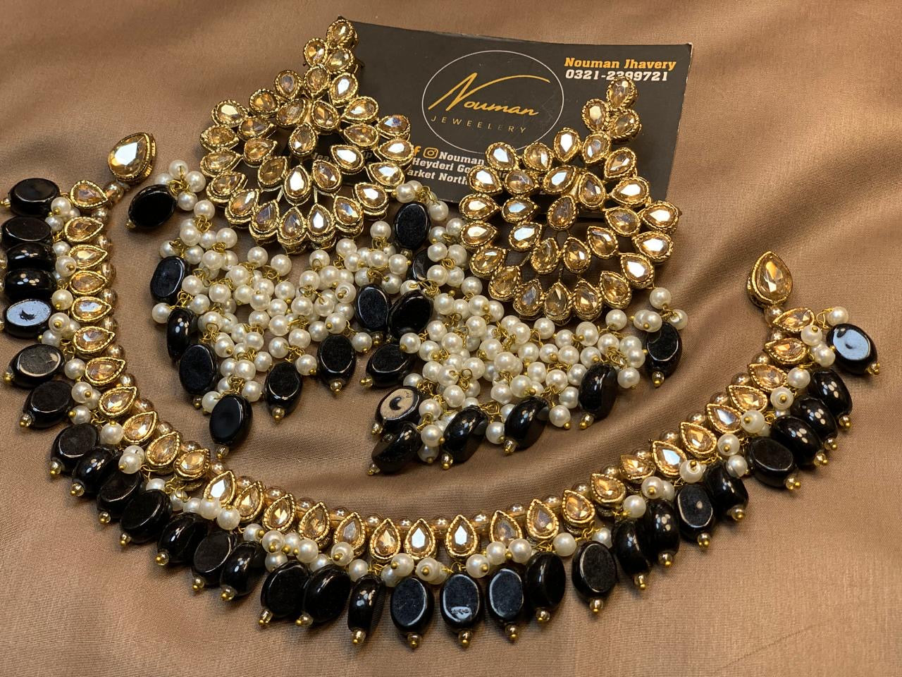 Black & Gold Kundan Polki Party Wear Set