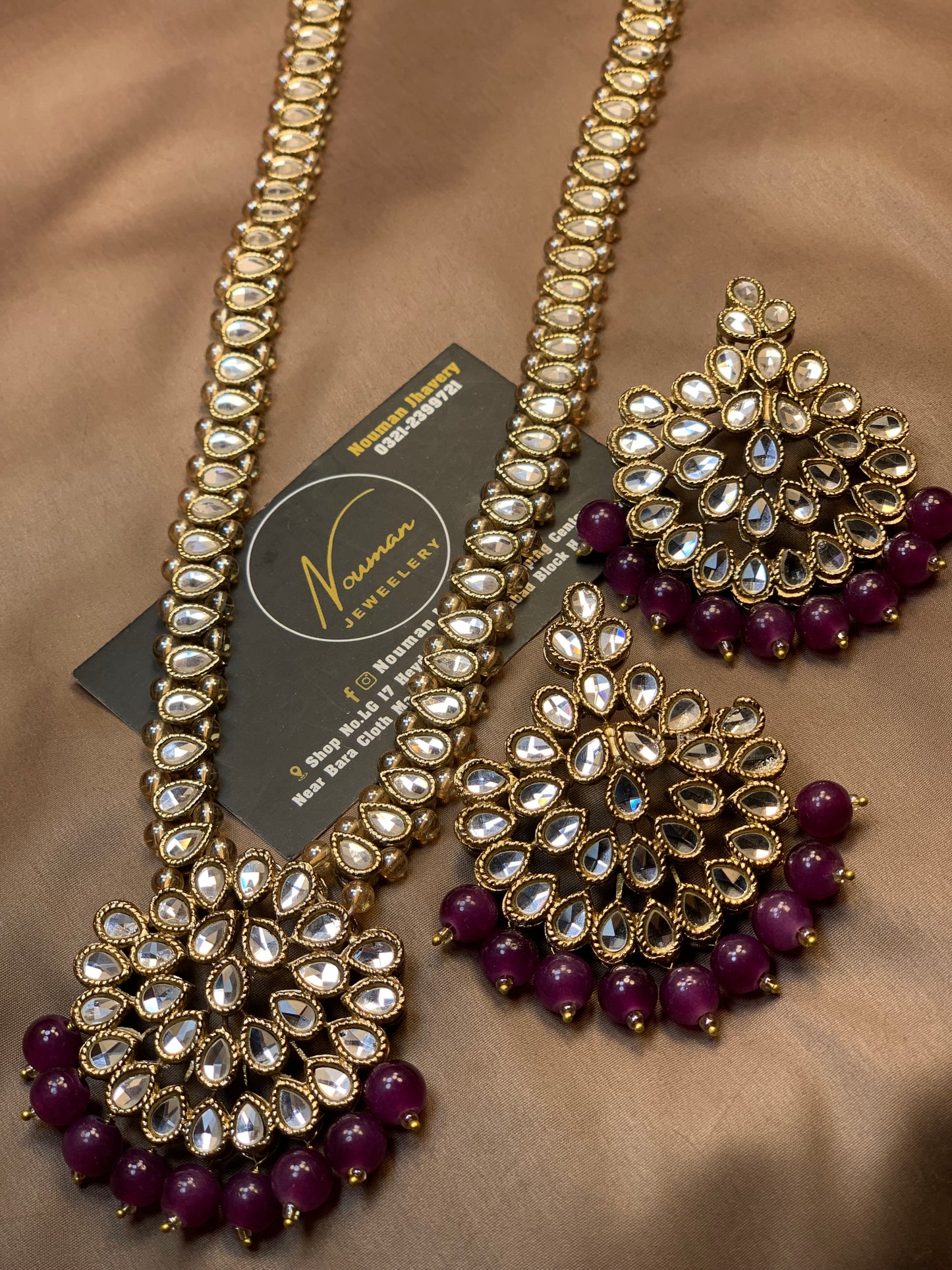 Kundan Long Mala Pendant purple Plum Color Earrings Set