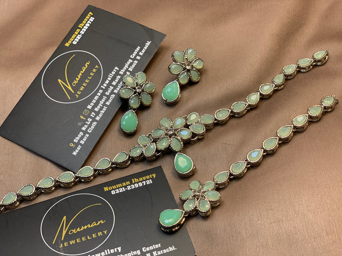 Elegant Royal Soft Mint Floral Stone Jewellery Set,