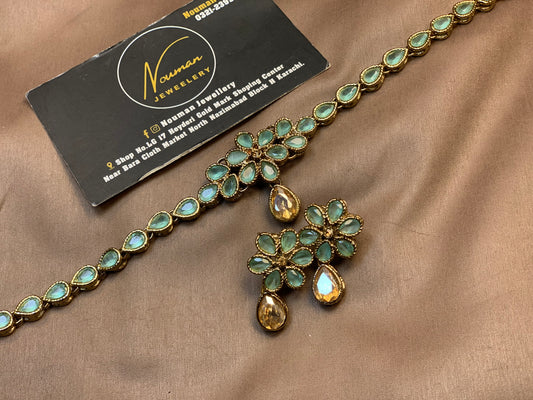 Aqua Green Floral Necklace & Earrings Set