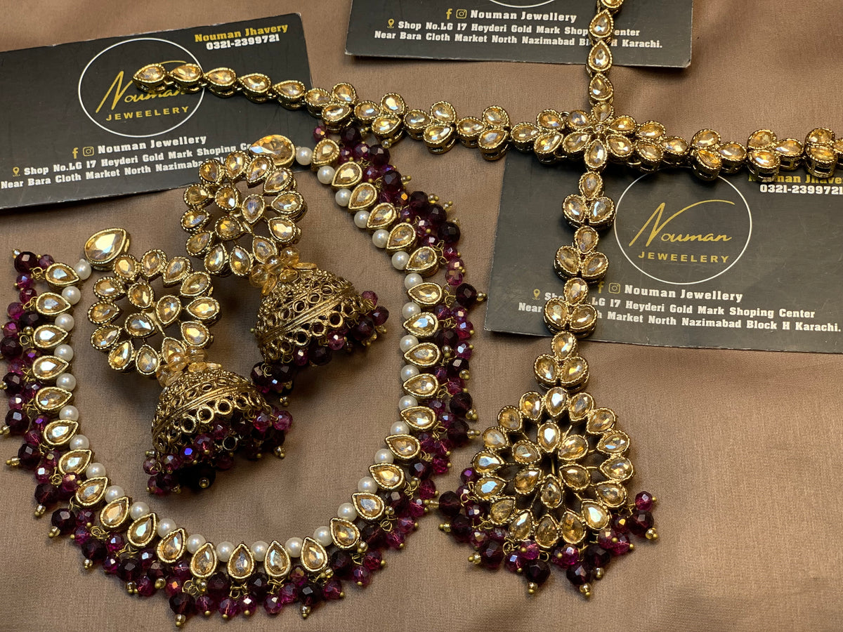Burgundy & Antique Gold Kundan Bridal Jewellery Set