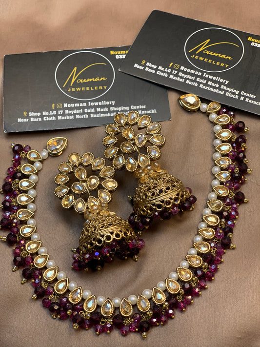 Burgundy & Antique Gold Kundan Bridal Jewellery Set