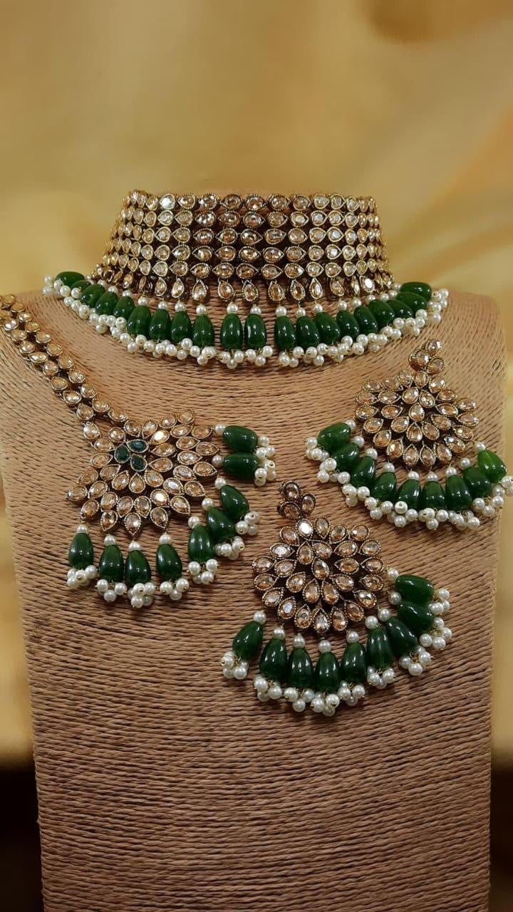 Gold Emerald Green Kundan Pearl Choker Set