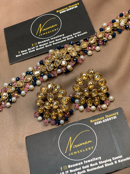 Purple & pink Kundan Pearl Choker Set