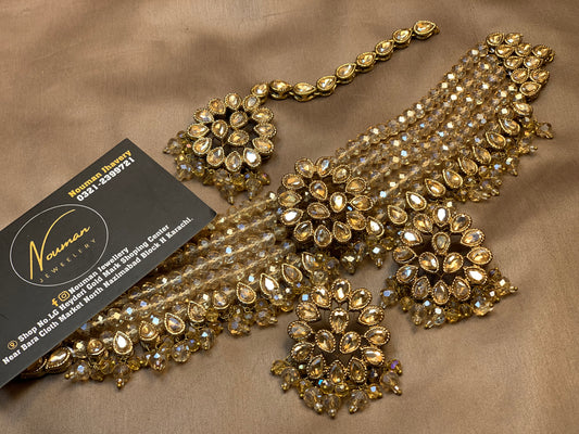 Kundan Champagne Gold Elegant Timeless Choker Earring tikka Necklace Set