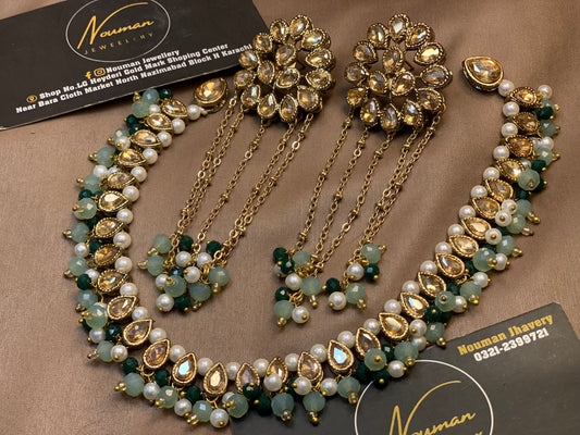 Kundan Champagne Gold Pearl Elegant Timeless Classy Necklaces Sheesh Patti Earring Set