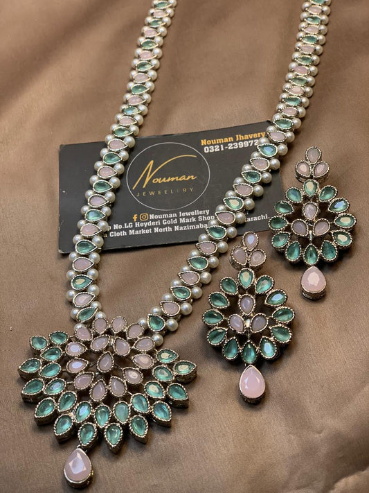 Pink & Mint Green Kundan Silver Long Mala Set