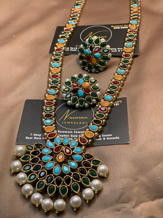 Multicolor Kundan Pearl Long Maala Set with Pendant.